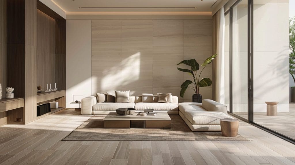 باركيه سيراميك دافئ يبرز اتساع الصالة مع إنعاش ضوء الصباح