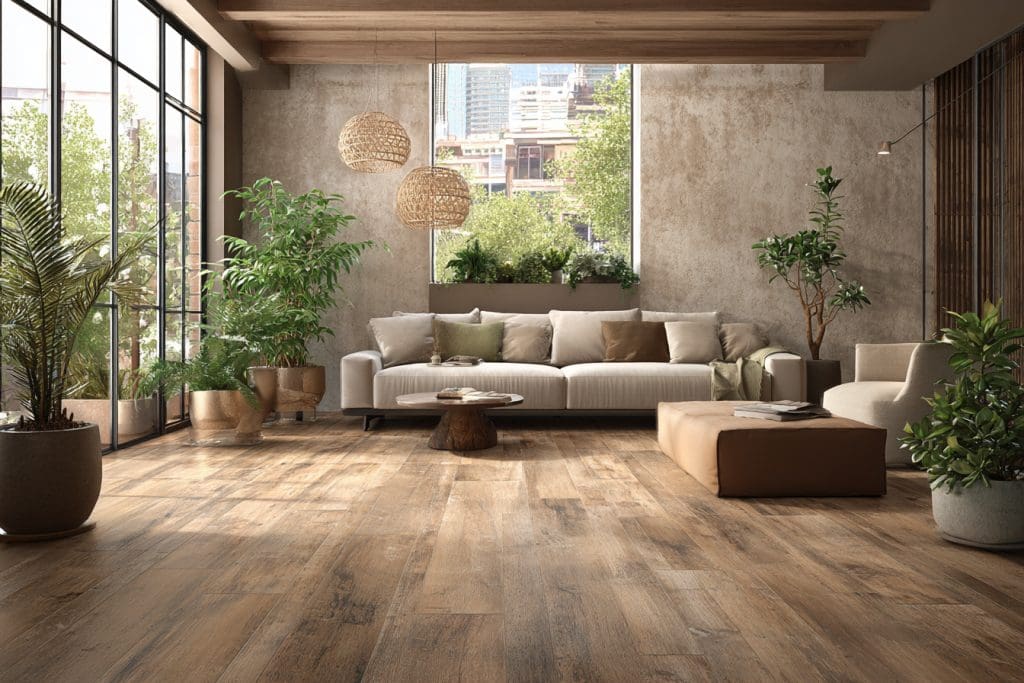 بورسلان خشبي الشكل في غرفة معيشة