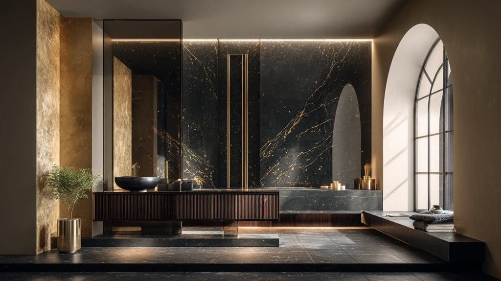 توليفة فاخرة رخام أسود + جوز + ذهبي