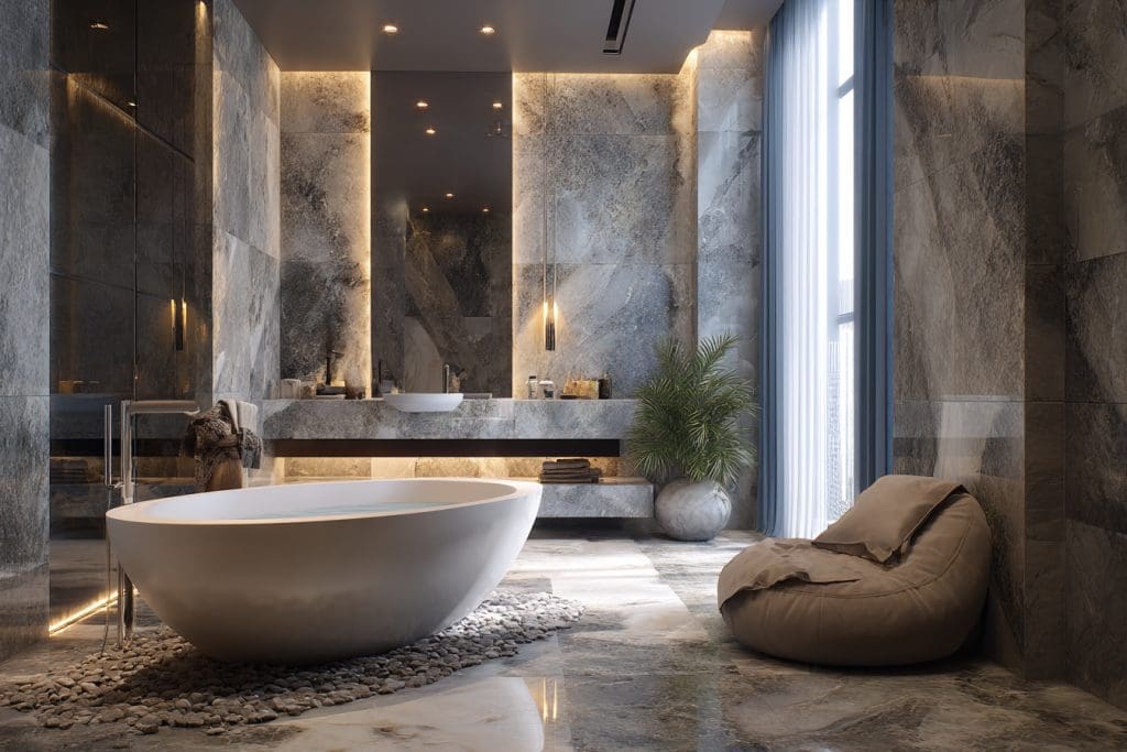 صورة لحمام مودرن أبيض ورمادي