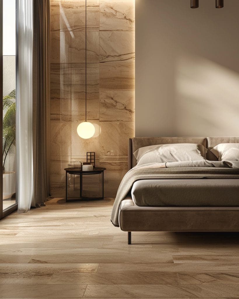 غرفة نوم بمدينة خليفة بأرضية بورسلان خشبي 20×120 وسكيرتينغ مطابق بارتفاع 8 سم.