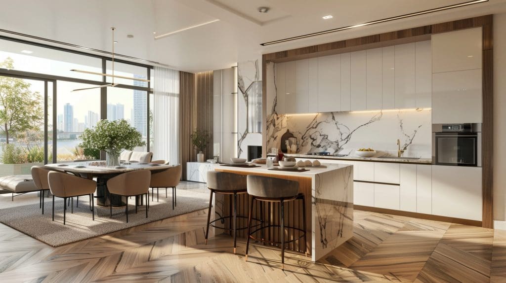 مطبخ مفتوح بجزيرة ياس—بورسلان خشبي مع جراوت إيبوكسي لأعلى مقاومة للبقع