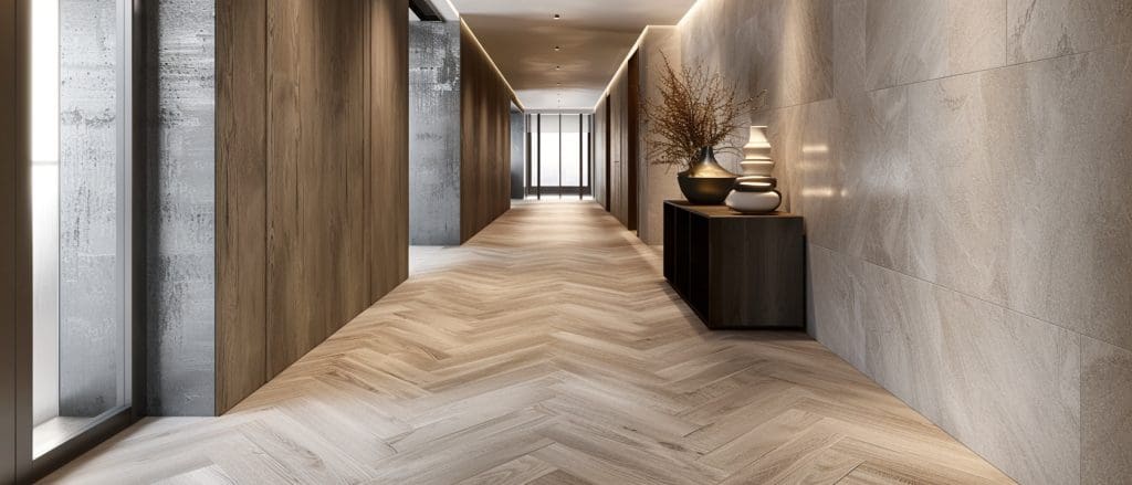 ممر في محمد بن زايد بأبوظبي بأرضية بورسلان خشبي 90×15 بنمط هيرنج بون